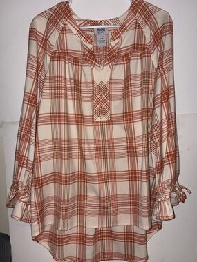 Monroe & Main Boho Orange Cream  Plaid Top Blouse